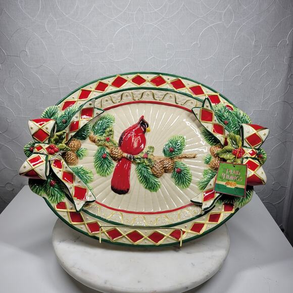 Cracker Barrel Plaid Tidings 3D Cardinal Platter Ceramic Holiday Serving Tray - Picture 1 of 14